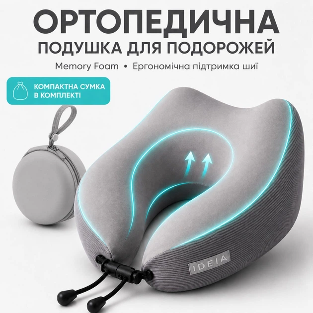 Подушка дорожная ортопедическая IDEIA Travel Premium 27х26х17 см рогалик с эффектом памяти в подарочной коробке с кейсом (4823133301389) - Фото 2 Подушка дорожная ортопедическая IDEIA Travel Premium 27х26х17 см рогалик с эффектом памяти в подарочной коробке с кейсом (4823133301389) - изображение 2