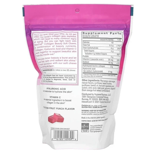 Коллаген Всплеск Красоты, 1 гр, вкус фруктового пунша, Collagen, Beauty Bursts, NeoCell, 60 жевательных таблеток - изображение 2