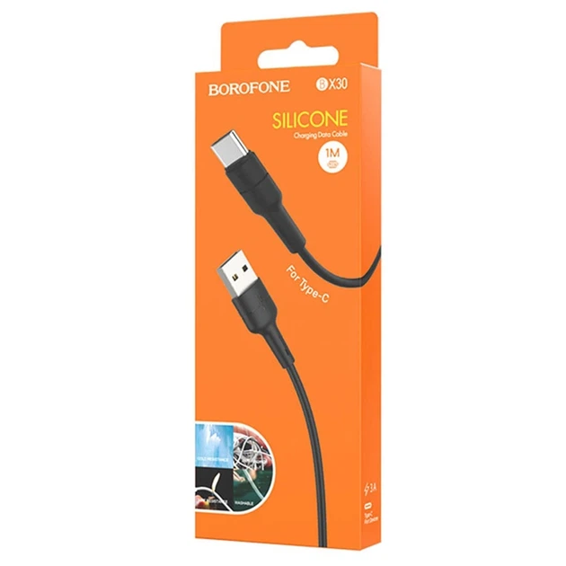 Кабель BOROFONE BX30 USB to Type-C, 3A, 1m, silicone, TPE connectors, Black - Фото 2 Кабель BOROFONE BX30 USB to Type-C, 3A, 1m, silicone, TPE connectors, Black - изображение 2