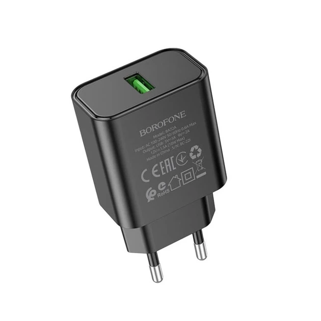 Мережевий зарядний пристрій BOROFONE BA72A Spring single port QC3.0 charger Black - Фото 1 Мережевий зарядний пристрій BOROFONE BA72A Spring single port QC3.0 charger Black - изображение 1