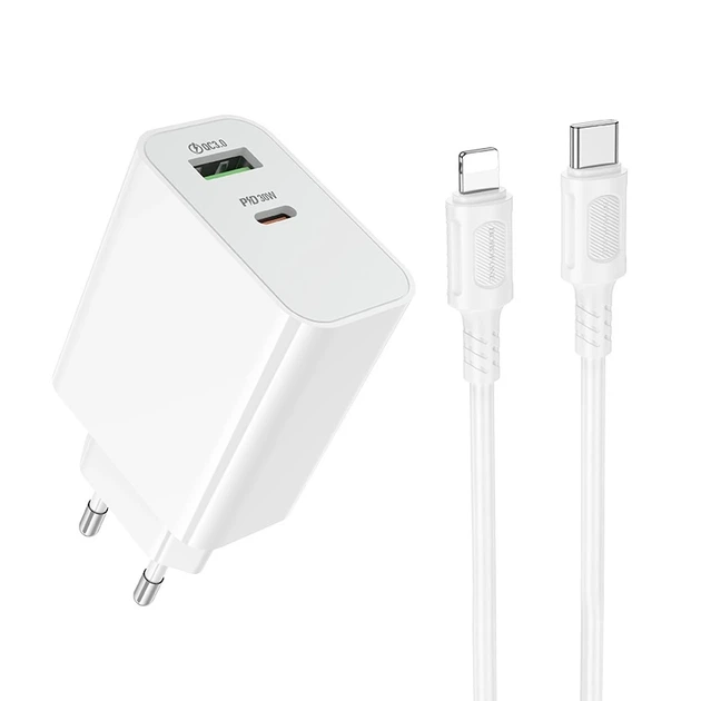Мережевий зарядний пристрій BOROFONE BA108A Stellar PD30W+QC3.0 charger set (C to iP) (EU) White - Фото 1 Мережевий зарядний пристрій BOROFONE BA108A Stellar PD30W+QC3.0 charger set (C to iP) (EU) White - зображення 1
