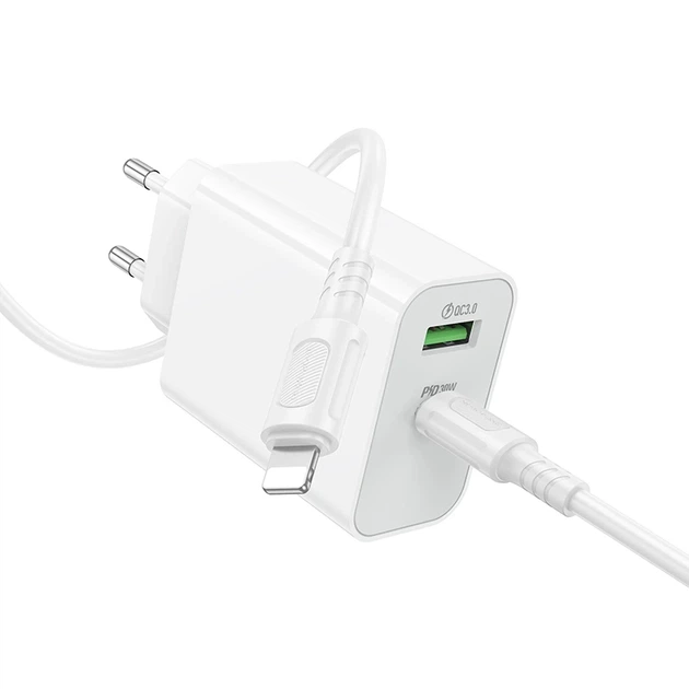 Мережевий зарядний пристрій BOROFONE BA108A Stellar PD30W+QC3.0 charger set (C to iP) (EU) White - Фото 4 Мережевий зарядний пристрій BOROFONE BA108A Stellar PD30W+QC3.0 charger set (C to iP) (EU) White - зображення 4