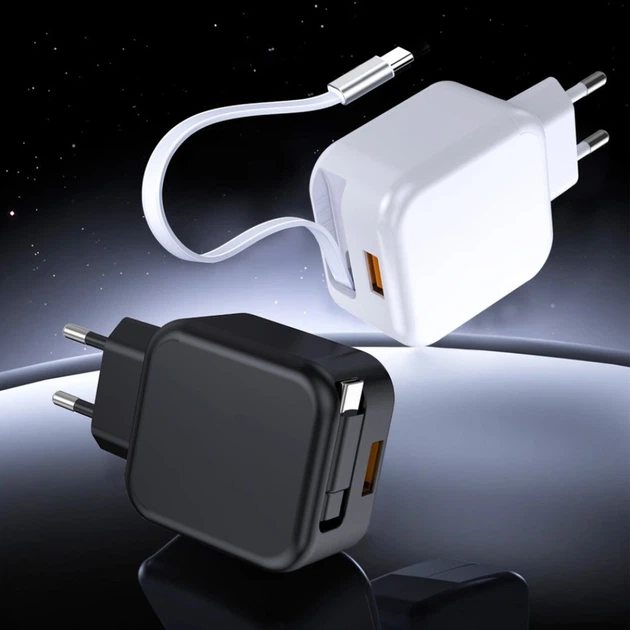 Мережевий зарядний пристрій WUW-C268 12W fast charger USB A +retractable 70cm type c Cable - зображення 4