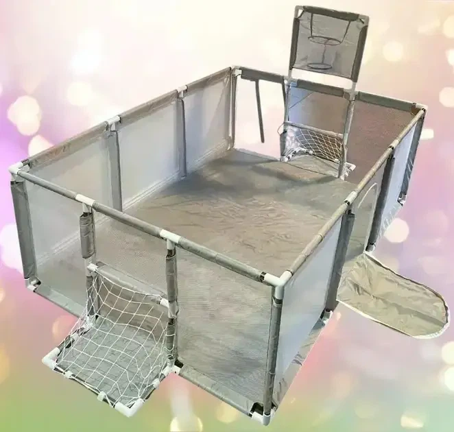 Детский игровой манеж KP-82 180×120 см сухой бассейн с баскетбольным кольцом и воротами серый - изображение 4