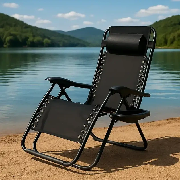 Садовый шезлонг Zero Gravity XXL раскладной 180×64×110 см стальной каркас до 120 кг черный с подстаканником и подголовником - Фото 6 Садовый шезлонг Zero Gravity XXL раскладной 180×64×110 см стальной каркас до 120 кг черный с подстаканником и подголовником - изображение 6