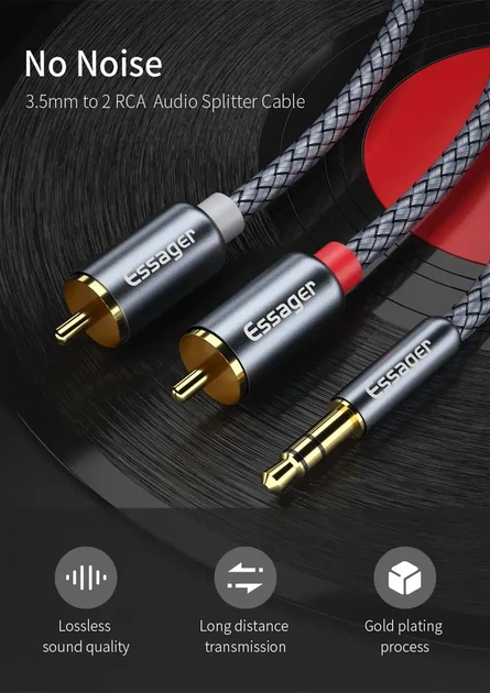 AUX Hi-Fi аудіокабель Essager (2 м) 3.5 мм → 2 RCA (тюльпани), нейлонове обплетення + алюмінієві конектори - Фото 2 AUX Hi-Fi аудіокабель Essager (2 м) 3.5 мм → 2 RCA (тюльпани), нейлонове обплетення + алюмінієві конектори - зображення 2