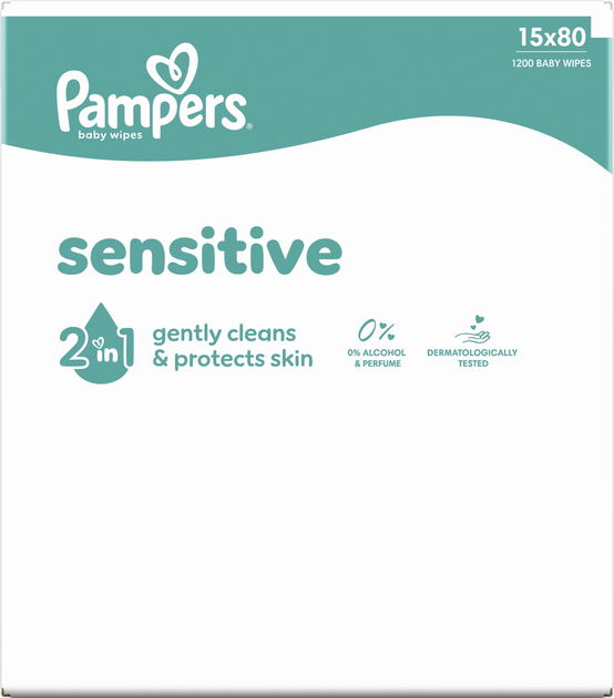 Упаковка детских влажных салфеток Pampers Sensitive 15 пачек х 80 шт (8001841063188) - изображение 2