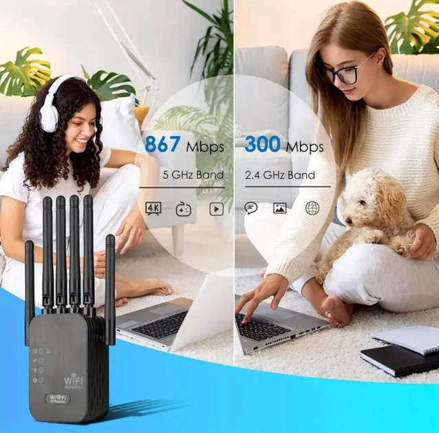Потужний дводіапазонний Wi-Fi ретранслятор 1200 Мбіт/с, підсилювач сигналу вай-фай для дому/дачі, повторювач для роутера 2.4/5 ГГц, репітер з 6 антенами, покриття до 300 м², Black - зображення 4