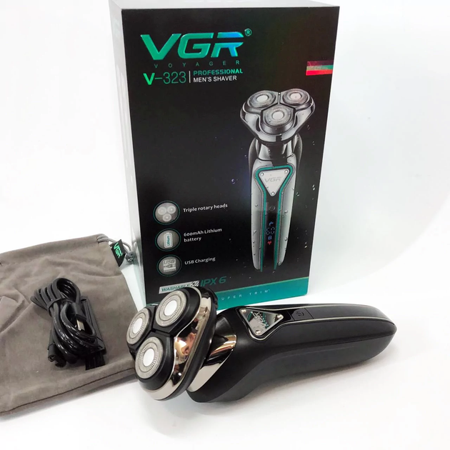 Мужская аккумуляторная электробритва VGR 3 плавающие головки быстрая USB зарядка до 60 мин работы - Фото 4 Мужская аккумуляторная электробритва VGR 3 плавающие головки быстрая USB зарядка до 60 мин работы - изображение 4
