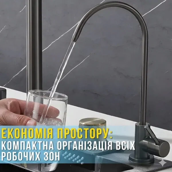 Кухонна мийка RK Водоспад 75х46 см нержавіюча сталь глибока чаша 20 см висувний змішувач 3 режими - зображення 7