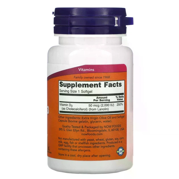 Витамин D-3 для иммунитета Vitamin D-3 Now Foods 50 мкг 2000 МЕ 120 гелевых капсул - изображение 4