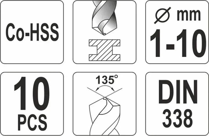 Набір кобальтових свердел по металу YATO YT-41603 Co-HSS 1-10 мм 10 шт - Фото 3 Набір кобальтових свердел по металу YATO YT-41603 Co-HSS 1-10 мм 10 шт - зображення 3