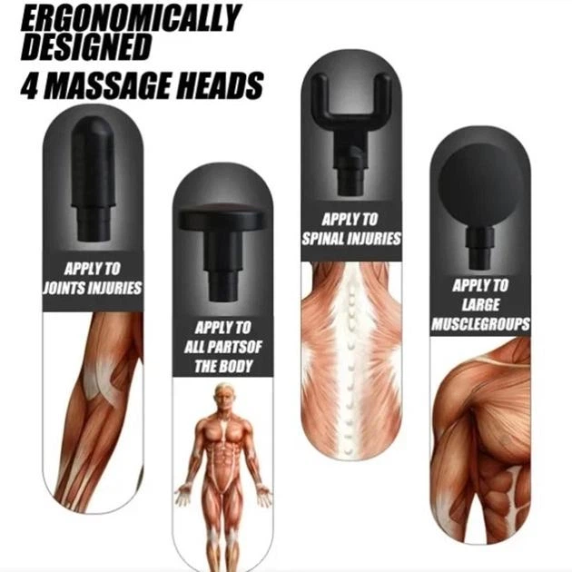 Вибрационный массажер для тела Fascial Gun синий с аккумулятором 4 насадки 6 режимов 24х24,5х51 см - изображение 4