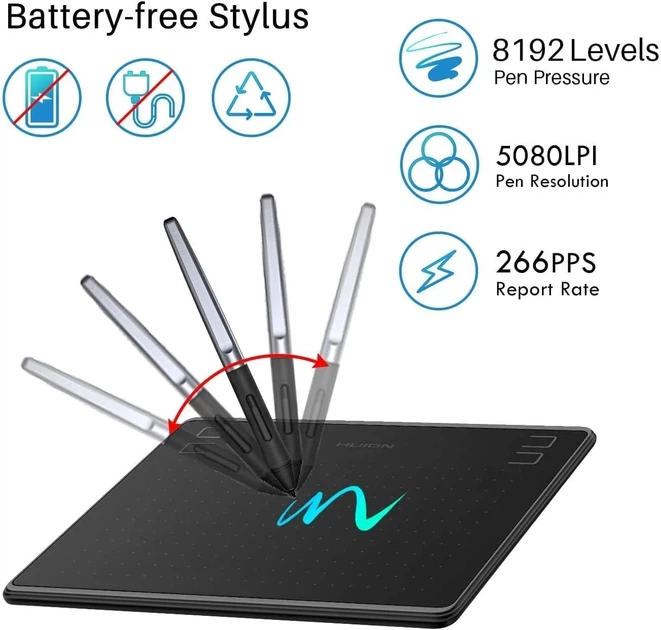 Графический планшет HUION HS64 / рабочая поверхность 6,3x4 дюйма / 5080 LPI / 266 PPS / Черный (102002433) - Б/У - изображение 2