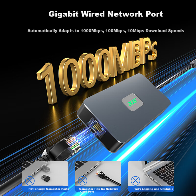 Док-станція Acer Type-C Gigabit Ethernet адаптер USB 3.2 концентратор дротова мережева карта RJ45 конвертер 4K60Hz HD PD зарядний пристрій док-станція - зображення 7