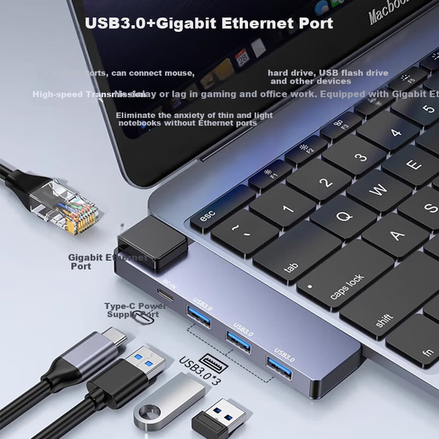 Разветвитель Youlianxing USB3.0 на Gigabit Ethernet, адаптер сетевого кабеля для ноутбука с разъемом RJ45 (5 входов), док-станция расширения для компьютерной сетевой карты 3625HA. - Фото 5 Разветвитель Youlianxing USB3.0 на Gigabit Ethernet, адаптер сетевого кабеля для ноутбука с разъемом RJ45 (5 входов), док-станция расширения для компьютерной сетевой карты 3625HA. - изображение 5