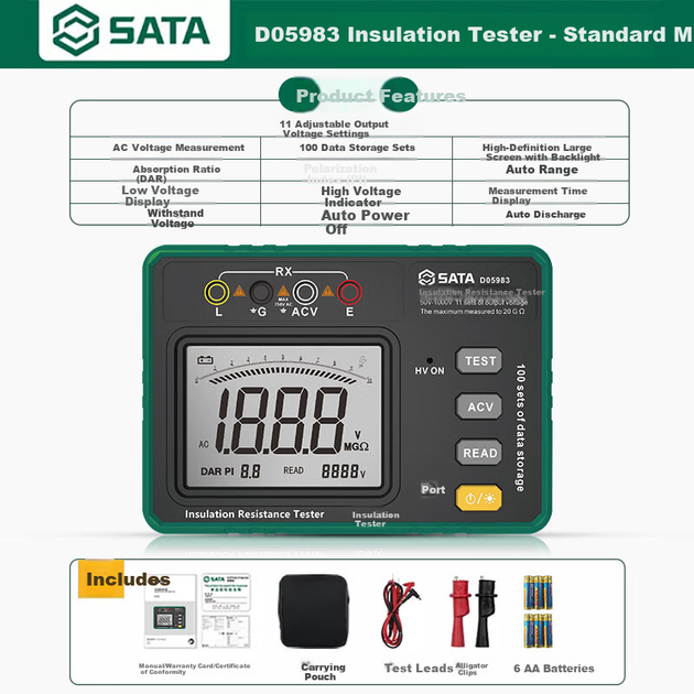 Цифровий мультиметр SATA Megohmmeter, тестер опору ізоляції, високовольтний 100/500/1000 В, D05983 - Фото 1 Цифровий мультиметр SATA Megohmmeter, тестер опору ізоляції, високовольтний 100/500/1000 В, D05983 - зображення 1
