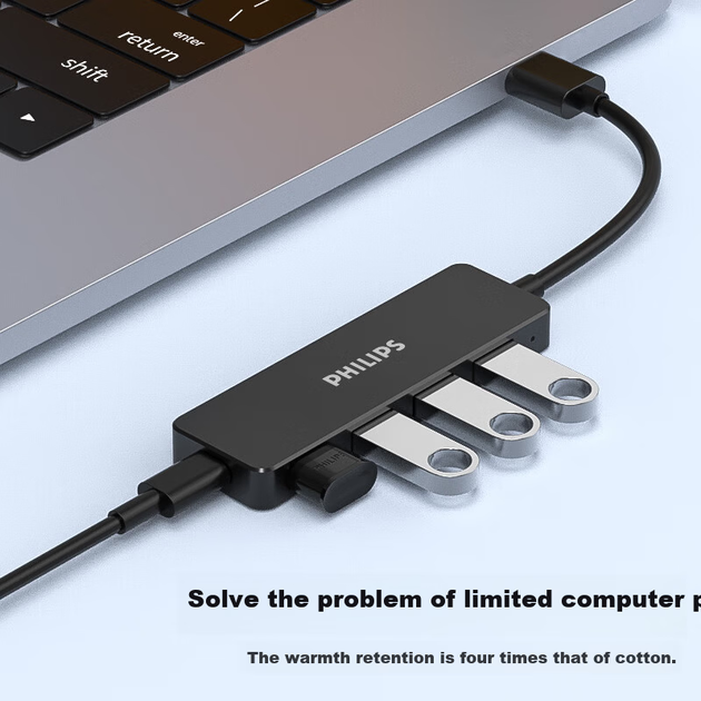 Док-станция PHILIPS USB 3.0 Hub, высокоскоростной 4-портовый расширительный концентратор, многоинтерфейсный преобразователь, адаптер для ноутбука с блоком питания Type-C, длина кабеля 0,2 м. - изображение 5