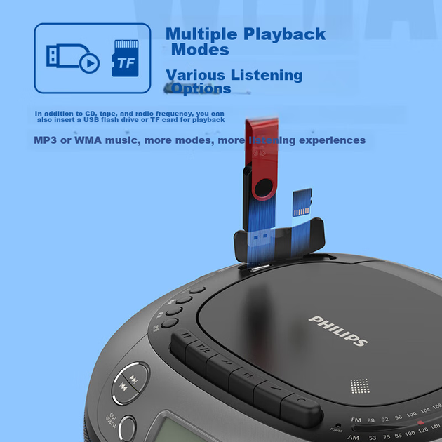 CD-магнітофон PHILIPS AZ5368, CD-програвач, касетний програвач, ретранслятор, конвертер USB-накопичувача на касету, аудіосистема з динаміками для домашнього викладання та іспитів - зображення 7