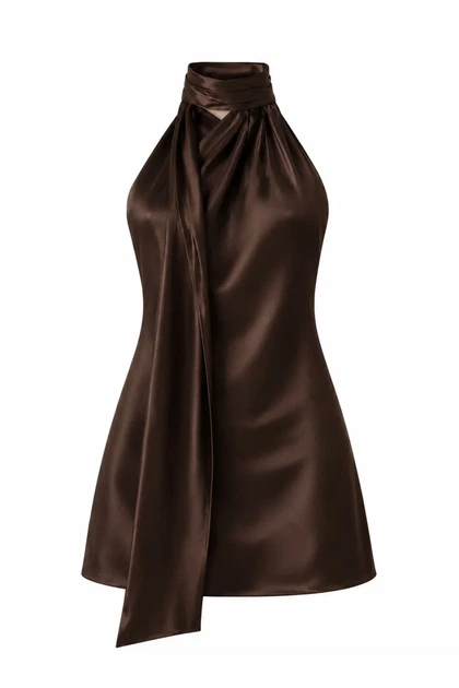 Сукня міні сатинова DR017 2605346591404 S/M Коричневий - Фото 1 Сукня міні сатинова DR017 2605346591404 S/M Коричневий - изображение 1