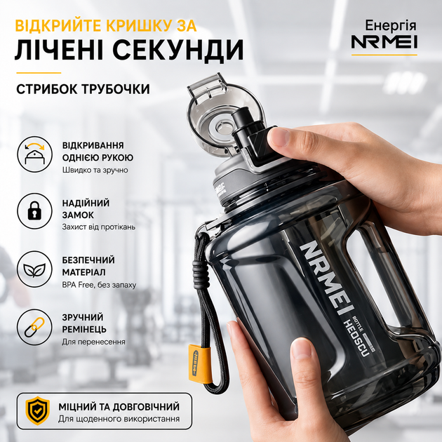 Пляшка для води NRMEI 2600 мл з Тритану: Спортивна, Герметична, з Ручкою та Ремінцем, Чорна - зображення 7