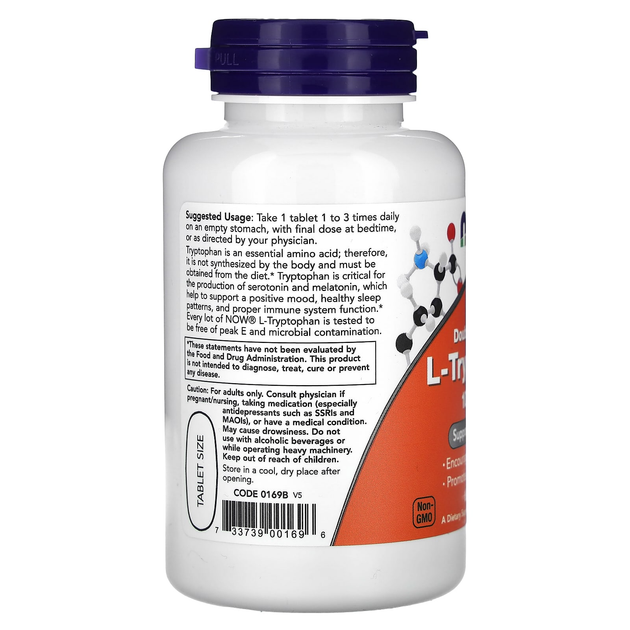 L–Триптофан NOW Foods "L-Tryptophan" двойная концентрация, 1000 мг (60 таблеток) - изображение 3