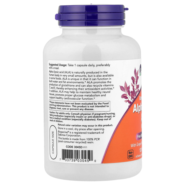 Альфа-ліпоєва кислота NOW Foods "Alpha Lipoic Acid" екстра сила, 600 мг (120 капсул) - зображення 3