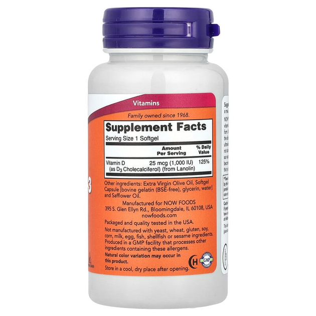Вітамін D3, NOW Foods "Vitamin D3" високоактивний холекальциферол, 1000 МО (180 гельових капсул) - зображення 2