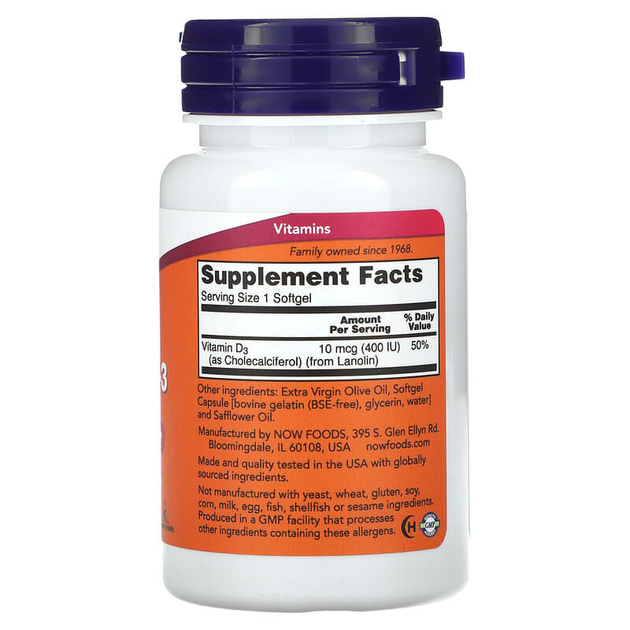 Вітамін D3, NOW Foods "Vitamin D3" холекальциферол, 400 МО (180 гельових капсул) - зображення 2