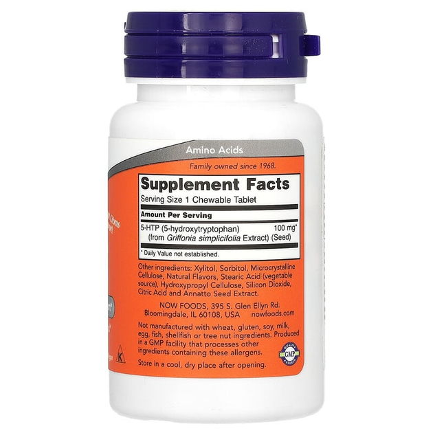 5-гидрокситриптофан NOW Foods "Chewable 5-HTP" с цитрусовым вкусом, 100 мг (90 жевательных таблеток) - изображение 2