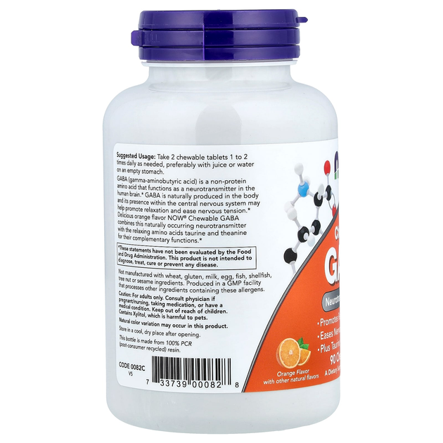 Гамма-аминомасляная кислота NOW Foods "Chewable GABA" нейромедиатор, вкус апельсина, 500 мг (90 жевательных таблеток) - изображение 3