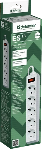 Фільтр мережевий Defender ES 1.8, 5 розеток, 1.8 м, White (99481) - зображення 3
