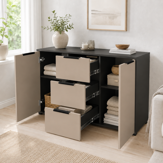 Комод Vesta 1200x450x750 з шухлядами та дверцятами для спальні, вітальні, передпокою Кашемір/Антрацит - зображення 6