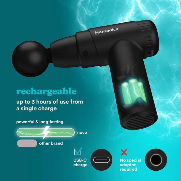 Мини-массажный пистолет HoMedics NOVO Black ручной перкуссионный вибромассажер с подогревом, 4 насадки, 6 скоростей - изображение 6