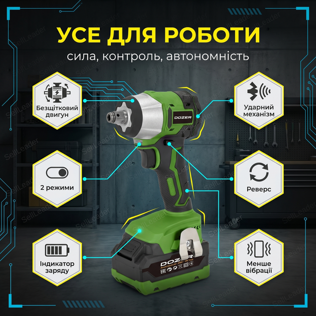 Аккумуляторный гайковерт Dozer M20 20В аккумулятор Li-ion 4 Ач бесщеточный LED-подсветка реверс ударный механизм - изображение 2