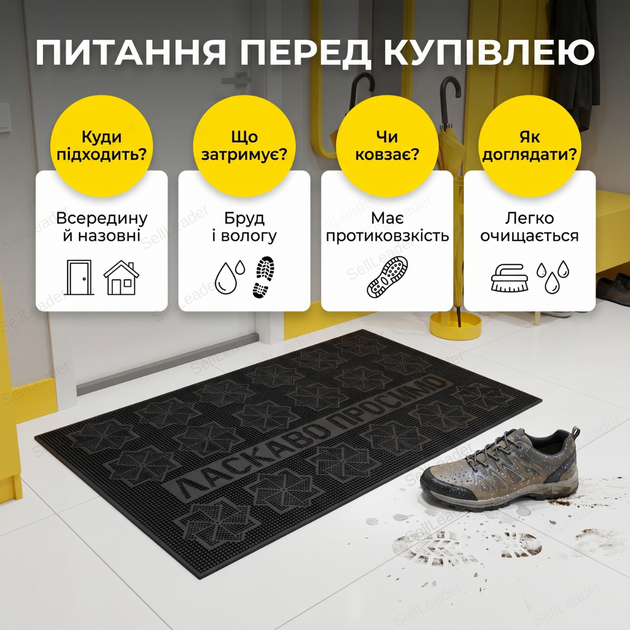 Придверний килимок HomeStar 45x75 см для квартири дому дверний коврик поліпропілен антиковзкий прямокутний - зображення 4