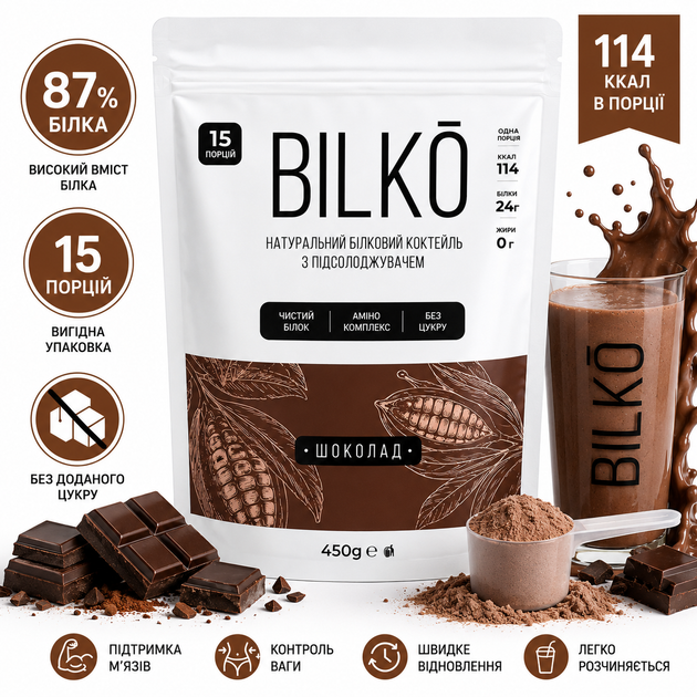 Протеиновый коктейль Bilko Шоколад 450 г | Сывороточный белок для спорта и контроля веса - Фото 2 Протеиновый коктейль Bilko Шоколад 450 г | Сывороточный белок для спорта и контроля веса - изображение 2