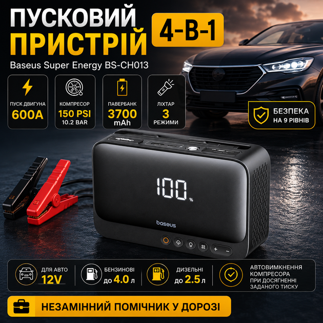 Автомобильное пусковое устройство 4-в-1 Baseus Super Energy Jump Starter 600А аккумуляторный стартер с функцией компрессора - изображение 2