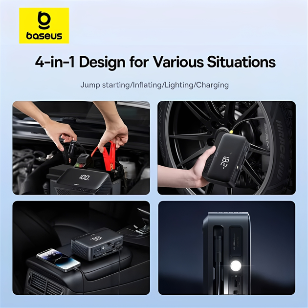Автомобильное пусковое устройство 4-в-1 Baseus Super Energy Jump Starter 600А аккумуляторный стартер с функцией компрессора - изображение 3