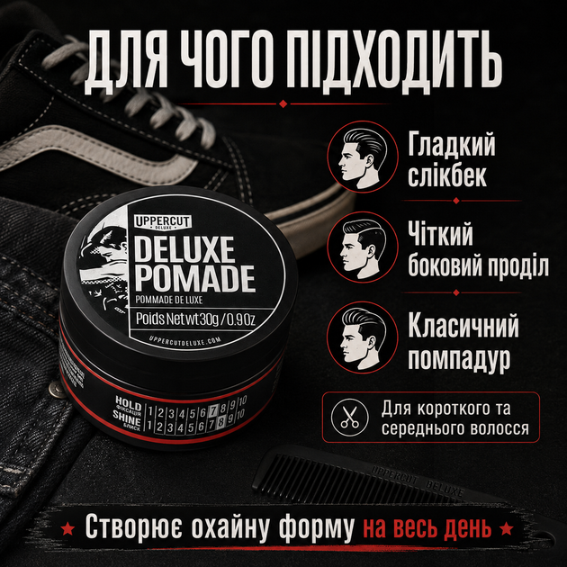 Помада для волос Uppercut Deluxe Pomade 30 г сильная фиксация блеск водная основа мужской стайлинг для гладкой укладки, сликбэка - изображение 5