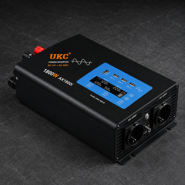 Автомобильный инвертор UKC AX1800i 1800 Вт 12В-220В преобразователь напряжения с чистой синусоидой LCD-дисплеем USB QC 3.0 Type-C защитой от перегрузки перегрева и короткого замыкания - изображение 8