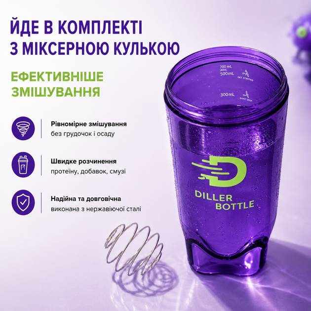 Тритановый шейкер Diller Bottle 700 мл с металлическим шариком (BPA Free) фиолетовый - Фото 6 Тритановый шейкер Diller Bottle 700 мл с металлическим шариком (BPA Free) фиолетовый - изображение 6