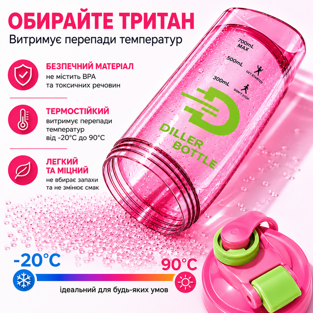 Тритановый шейкер Diller Bottle 700 мл с металлическим шариком (BPA Free) розовый - изображение 6