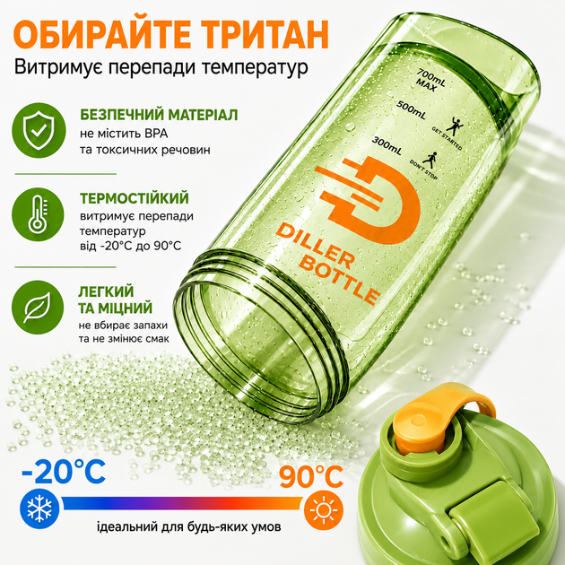 Тритановый шейкер Diller Bottle 700 мл с металлическим шариком (BPA Free) зеленый - Фото 6 Тритановый шейкер Diller Bottle 700 мл с металлическим шариком (BPA Free) зеленый - изображение 6