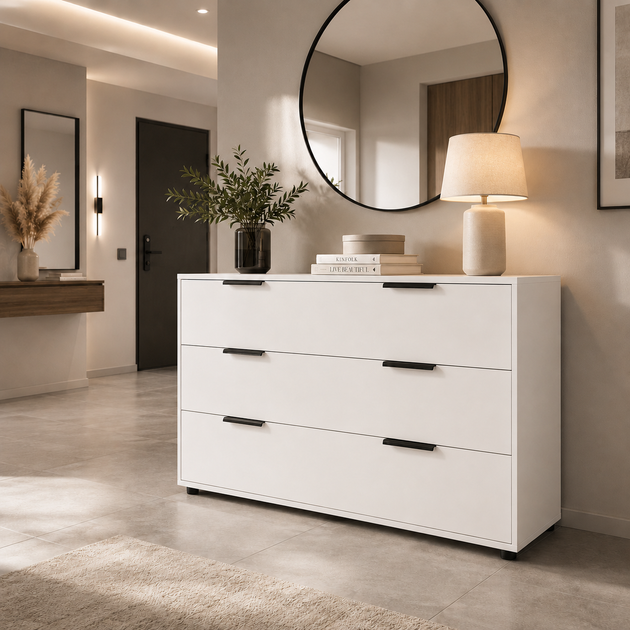 Комод Lira 1200×450×750 с выдвижными ящиками и черными металлическими ручками, направляющие полного выдвижения, для спальни, гостиной и прихожей Белый - изображение 4