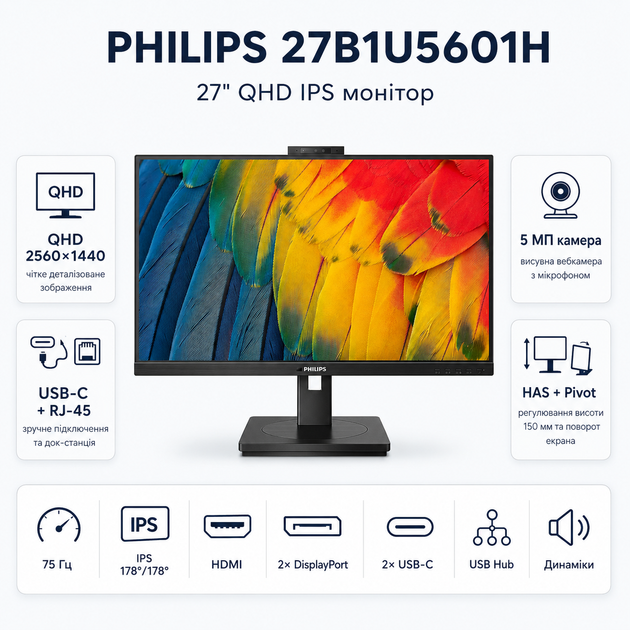 Монітор 27" Philips 27B1U5601H QHD IPS 75Гц HDMI DP USB-C RJ-45 HAS Pivot з камерою та динаміками (27B1U5601H/00) - зображення 2
