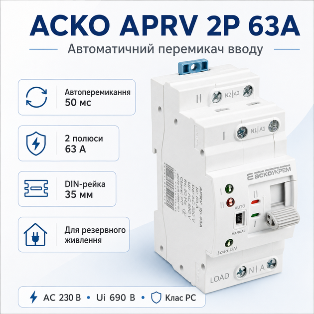 Автоматичний перемикач введення резерву ACKO (I-II) APRV 2p 63A 230Un РС Білий - зображення 2