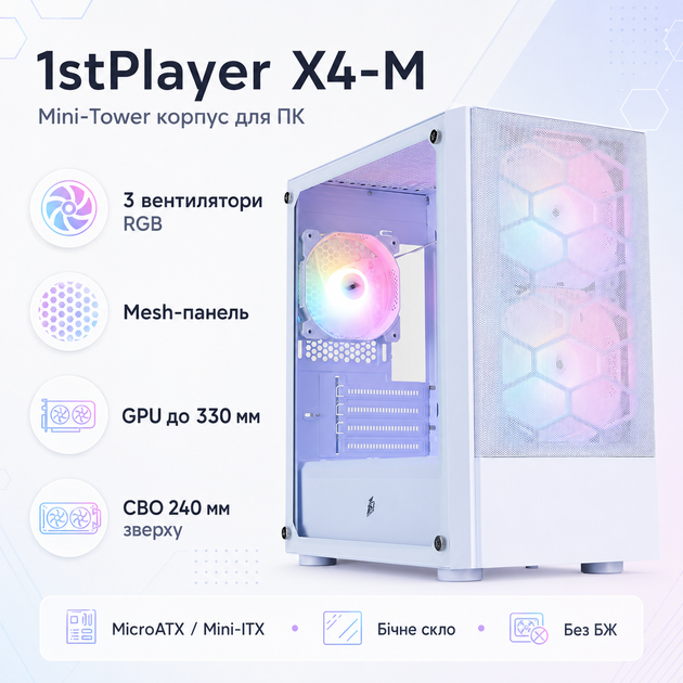 Корпус для ПК 1stPlayer X4-M Mini-Tower без БЖ MicroATX/Mini-ITX RGB White (X4-M-WH-2F1P-W-1F1-W) - зображення 2