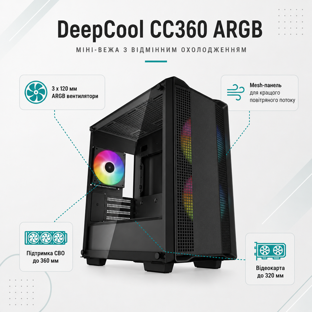 Корпус для ПК DeepCool CC360 ARGB Mini-Tower без БЖ MicroATX/Mini-ITX Black (R-CC360-BKAPM3-G-1) - зображення 2