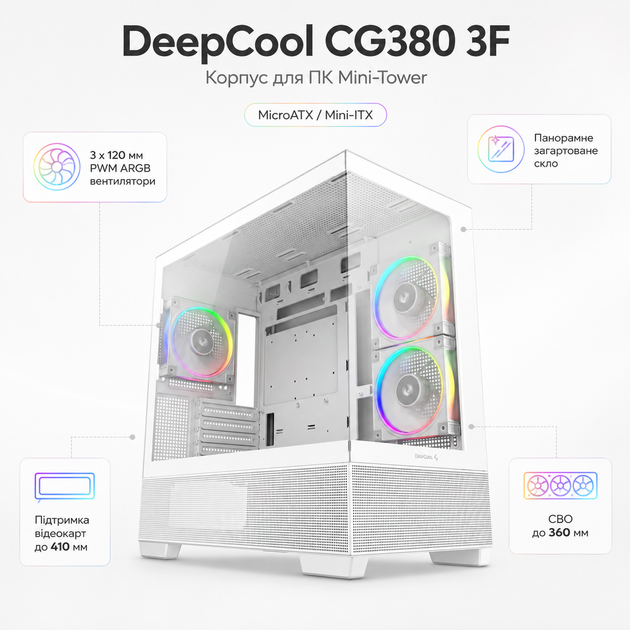 Корпус для ПК DeepCool CG380 3F Mini-Tower без БЖ MicroATX/Mini-ITX ARGB White (R-CG380-WHAGM3-G) - зображення 2